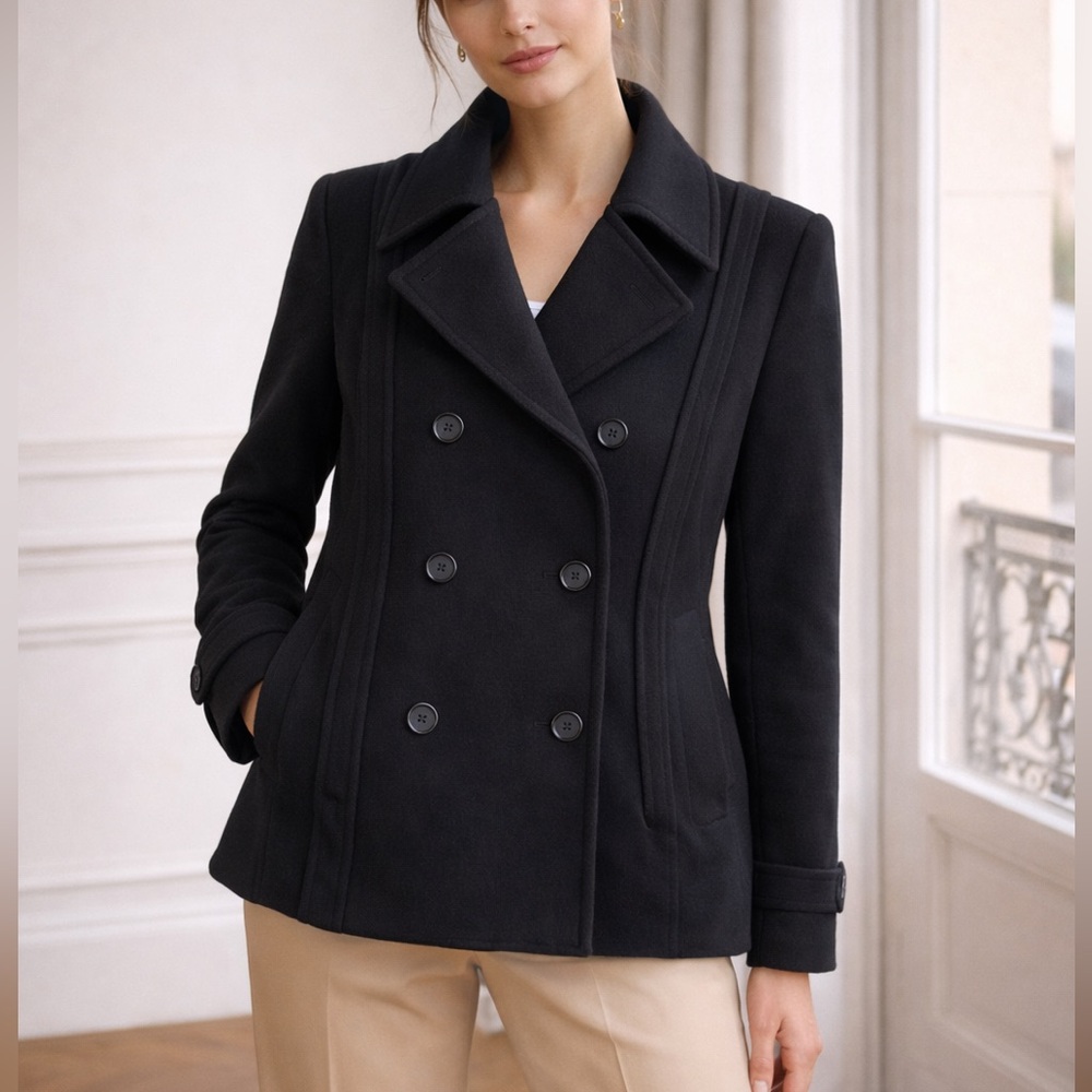 J Crew Pea Coat Womens 14 Wool Blend Double Breasted Preppy Classic Black
